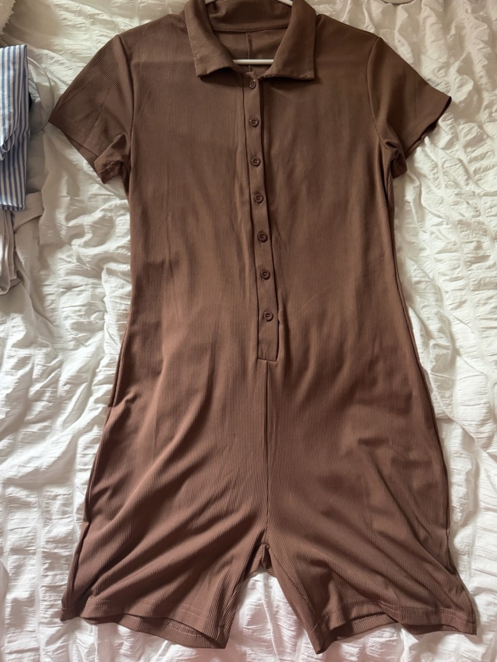 Ribbed Short Sleeve shorts romper in Chocolate Brown